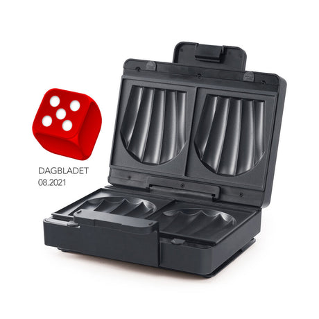 An EASY MELT open sandwich maker with two triangular cooking compartments, featuring ridged surfaces and large heating plates for grilling. The appliance is black, with a non-stick coating, a handle on the top, and a power cord at the back.